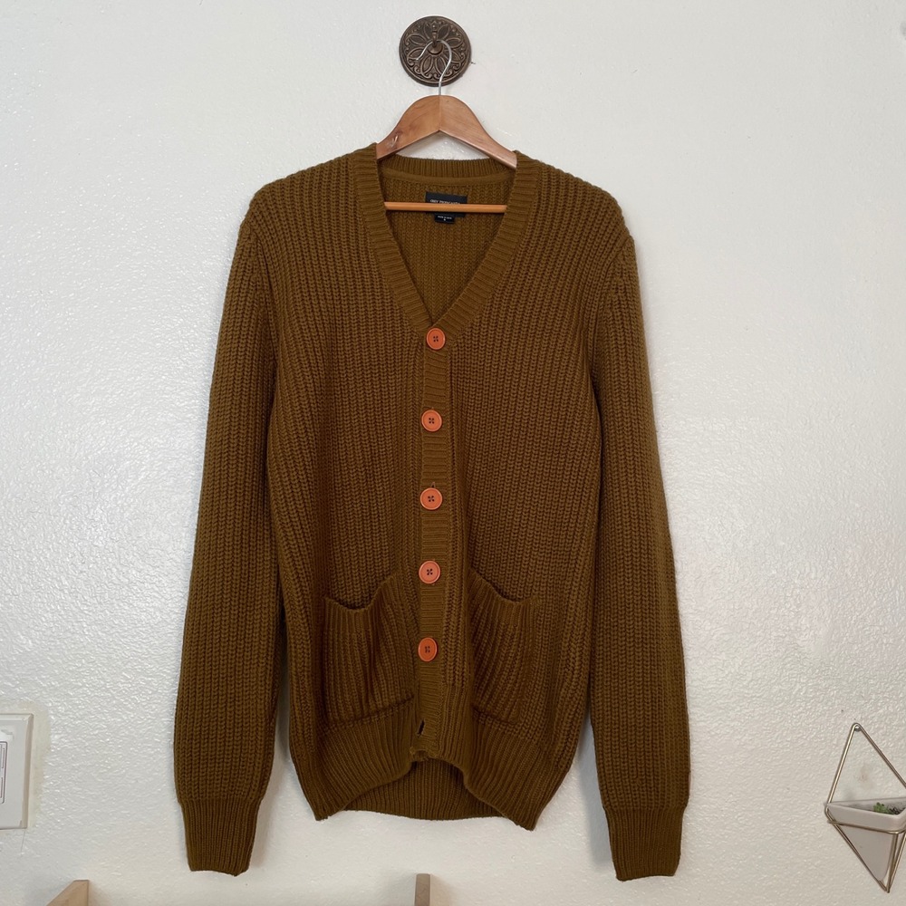 Obey Propaganda Brown Chunky Knit V-Neck Cardigan Sweater Mens Small Mustard